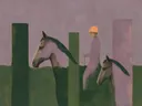 Paarden en bouwvakker in lila en mosgroen, landschap schilderij