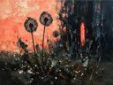 Paardenbloem aan de bosrand in antracietkoraal, schilderij van paardenbloem tegen de lucht
