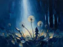 Paardenbloem aan de bosrand in inktblauw, schilderij van paardenbloem tegen de lucht