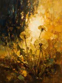 Paardenbloem aan de bosrand in mosterd, schilderij van paardenbloem aan de bosrand