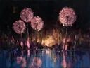 Paardenbloem aan de oever in oudroze, schilderij van paardenbloem aan de oever