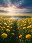 Landschapsfoto van paardenbloem bij de ochtendmist, met een kikker op een blad