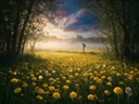 Landschapsfoto van paardenbloem bij de ochtendmist, met twee uilen op een paal