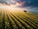 Landschapsfoto van paardenbloem bij de ochtendmist, met een koe aan de rand van het veld