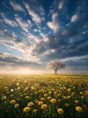 Landschapsfoto van paardenbloem bij de ochtendmist, met een bloesemboom
