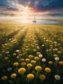 Landschapsfoto van paardenbloem bij de ochtendmist, met een zeilbootje
