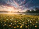Landschapsfoto van paardenbloem bij de ochtendmist, met een roeibootje