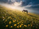 Landschapsfoto van paardenbloem bij de ochtendmist, met een merrie met haar veulen