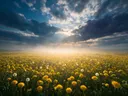 Landschapsfoto van paardenbloem bij de ochtendmist
