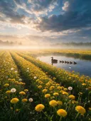 Landschapsfoto van paardenbloem bij de ochtendmist, met een eend met haar kuikens