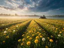 Landschapsfoto van paardenbloem bij de ochtendmist, met een oude tractor