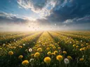 Landschapsfoto van paardenbloem bij de ochtendmist, met witte duiven die opvliegen