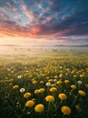 Landschapsfoto van paardenbloem bij de ochtendmist, met een kudde schapen