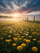 Landschapsfoto van paardenbloem bij de ochtendmist, met een houten hek