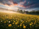 Landschapsfoto van paardenbloem bij de ochtendmist, met een rieten boerderijwoning tussen de rijen
