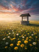 Landschapsfoto van paardenbloem bij de ochtendmist, met een oude waterput