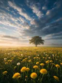 Landschapsfoto van paardenbloem bij de ochtendmist, met een statige eik