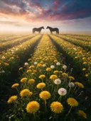 Landschapsfoto van paardenbloem bij de ochtendmist, met twee paarden die elkaar aankijken