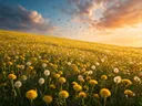 Landschapsfoto van paardenbloem bij het gouden uur, met een zwerm vogels