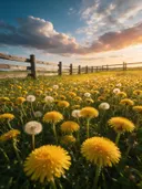 Landschapsfoto van paardenbloem bij het gouden uur, met een houten hek