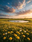 Landschapsfoto van paardenbloem bij het gouden uur, met zwanen