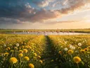 Landschapsfoto van paardenbloem bij het gouden uur, met flamingo's in een ondiepe plas