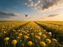 Landschapsfoto van paardenbloem bij het gouden uur, met een torenvalk