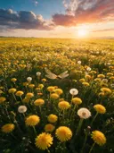Landschapsfoto van paardenbloem bij het gouden uur, met een libelle