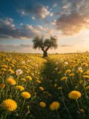 Landschapsfoto van paardenbloem bij het gouden uur, met een oude olijfboom