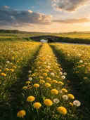 Landschapsfoto van paardenbloem bij het gouden uur, met een stenen bruggetje