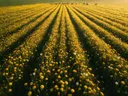 Landschapsfoto van paardenbloem bij het gouden uur, met een kudde schapen