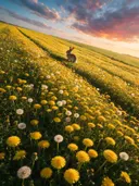 Landschapsfoto van paardenbloem bij het gouden uur, met een konijn