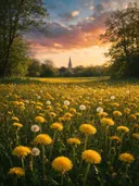 Landschapsfoto van paardenbloem bij het gouden uur, met een kerktoren die boven de bomen uitsteekt
