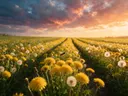 Landschapsfoto van paardenbloem bij het gouden uur, met een bij tussen de bloemen