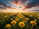 Landschapsfoto van paardenbloem bij het gouden uur, met een klein vliegtuigje hoog in de lucht
