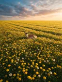 Landschapsfoto van paardenbloem bij het gouden uur, met een reekalfje