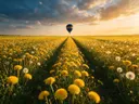 Landschapsfoto van paardenbloem bij het gouden uur, met een luchtballon boven de horizon