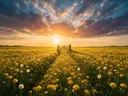 Landschapsfoto van paardenbloem bij het gouden uur, met een houten poort bij de ingang van het veld