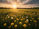 Landschapsfoto van paardenbloem bij het gouden uur, met een stoomtrein in de verte