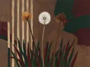 Schilderij van paardenbloem in bordeaux en bosgroen, in vlakke kleurvlakken
