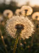 Macrofotografie van dauwdruppels op paardenbloem, gouden gloed