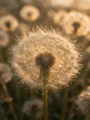Macrofotografie van dauwdruppels op paardenbloem, gouden gloed