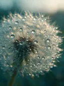 Macrofotografie van dauwdruppels op paardenbloem, gouden gloed, ijsblauw