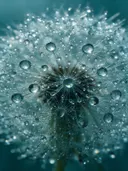 Macrofotografie van dauwdruppels op paardenbloem, regenboogglans, ijsblauw