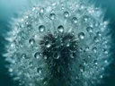 Macrofotografie van dauwdruppels op paardenbloem, regenboogglans, ijsblauw