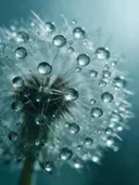 Macrofotografie van dauwdruppels op paardenbloem, regenboogglans, ijsblauw