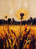 Paardenbloem in de weide in aubergine, schilderij van paardenbloem onder een storm