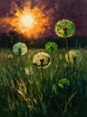 Paardenbloem in de weide in bosgroen, schilderij van paardenbloem onder een storm