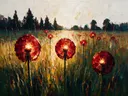 Paardenbloem in de weide in karmozijn, schilderij van paardenbloem