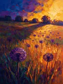 Paardenbloem in de weide in paarsoranje, schilderij van paardenbloem